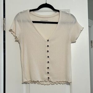 American Eagle Outfitters Ivory Ribbed Button-Down Shirt